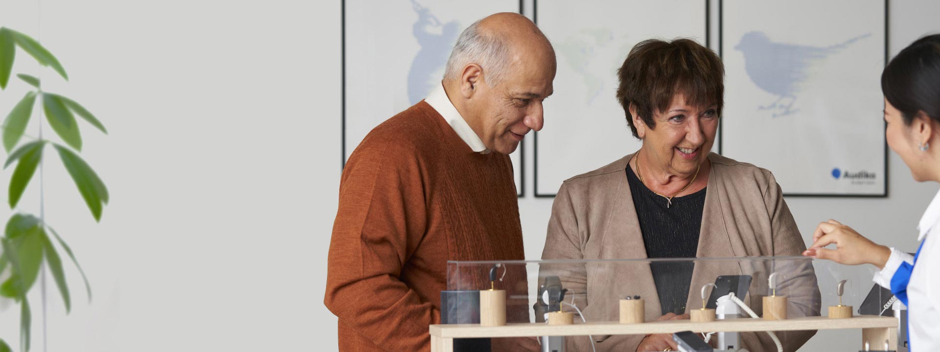 Image shows couple and audiologist looking at hearing aids 